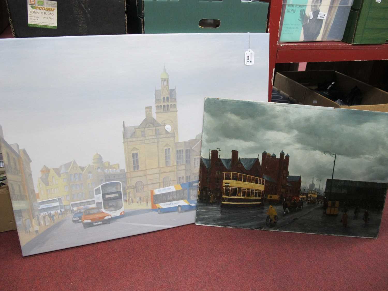 T. Swanson, Sheffield Town Hall and Buses during the 1980's, watercolour on canvas, signed lower