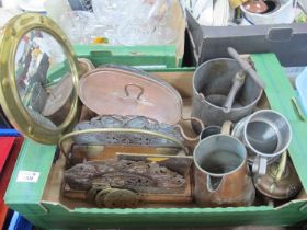 XIX Century Twin Handled Copper Saucepan, newspaper rack, brass circular mirror, pewter mug etc,
