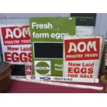 Three Farm Related Enamel Signs, AOM Poultry Foods New Laid Eggs for Sale, Fresh Farm Eggs BOCM
