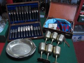 Masonic Silver Gilt Medal, aprons, sash, booklets in case, oak canteen of fish kinves and forks,