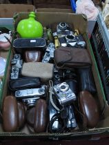 Cameras, to include Optima I, Ilford Sportsman, Zenit-E, Cosina, Praktica, etc:- One Box