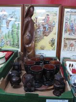 FCL Carved Wooden Stylized Figure, 53cm high, goblet set, carved monkeys and hippo:- One Box