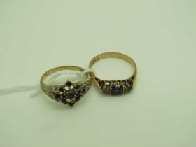 A Modern Cluster Ring, stamped "375 DIA"; together with a 9ct gold three stone ring. (2)