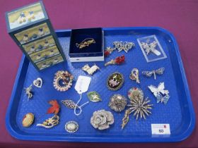 A Collection of Assorted Brooches, including Edwardian openwork bar brooch, with seed pearl