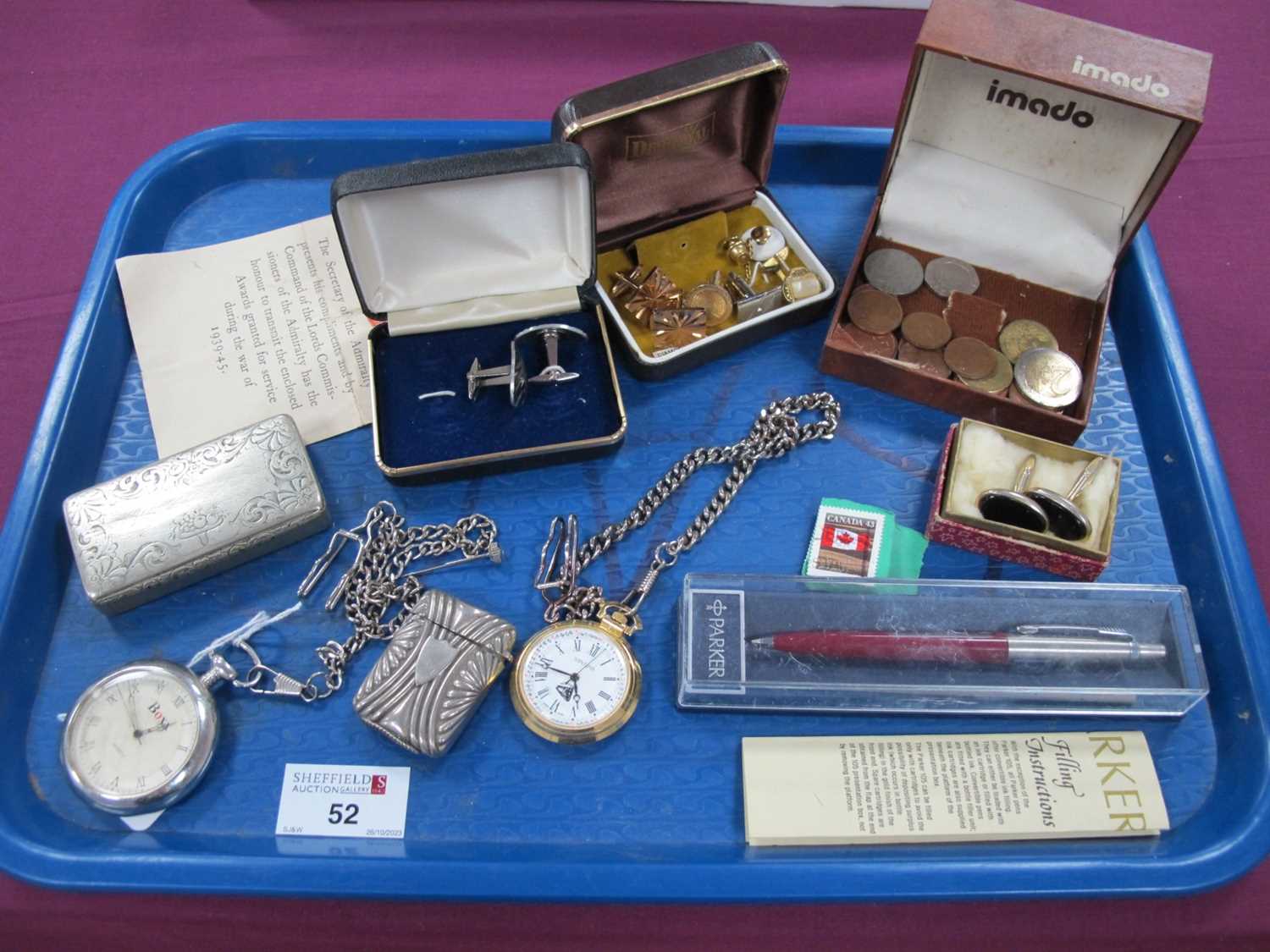 Cufflinks, coins, Parker pen, vesta case, pocketwatches, XIX Century rectangular snuff box with