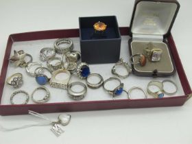 A Collection of Assorted Modern Dress Rings, including "925", Diamonique "DQCZ", 'M' charm pendant