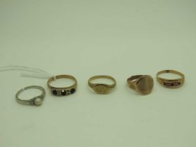 9ct Gold and Other Rings, (stones missing / damages), a dainty single pearl ring (shank cut) stamped
