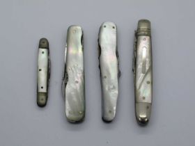 Joseph Wesby, Sheffield, three blades, button hook, corkscrew, mother of pearl scales, 8.5cm,