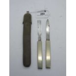 Campaign Knife and Fork in Nickle Silver, 15cm in fitted velvet case.