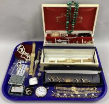 Assorted Costume Jewellery, ladies and gent's wristwatches, imitation pearls, jewellery box,