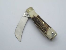 Flat Brass Bottom Pruner, A. Wright, stag scales, brass linings n/s bolster, clicks open/close, no