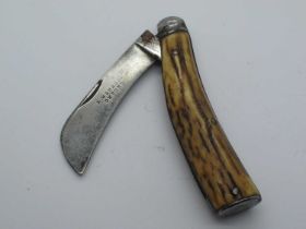 Flat Bottom Pruner, stag scales, R. Wenbor, Oxford, clicks open/close, no wobble, 11cm.