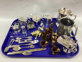 Assorted Plated Ware, including mustard pots, copper and brass miniature novelties, frog, sugar