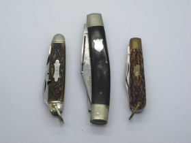 Premium Stock Knife, three blades horn scales, m/n/s bolsters, brass linings 13cm, Camillus