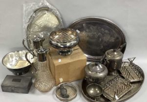 Assorted Plated Ware, including pair of claret jugs, oval trays, posy bowl, cigarette box, toast