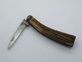 Flat Bottom Pruner, stag scales, worn blade, 10.5cm.