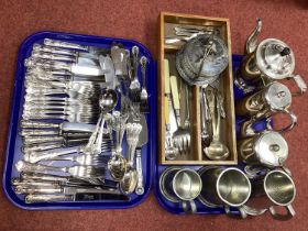 Assorted Modern Plated Kings Pattern Cutlery, pewter mugs, plated tea ware, plated mounted lidded