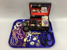 Assorted Costume Jewellery, including French jet bead necklace, ceramic panel brooch, further