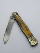 Caine Sheffield, single blade horn scales, ornate brass bolster, coffin shape 14.5cm closed.