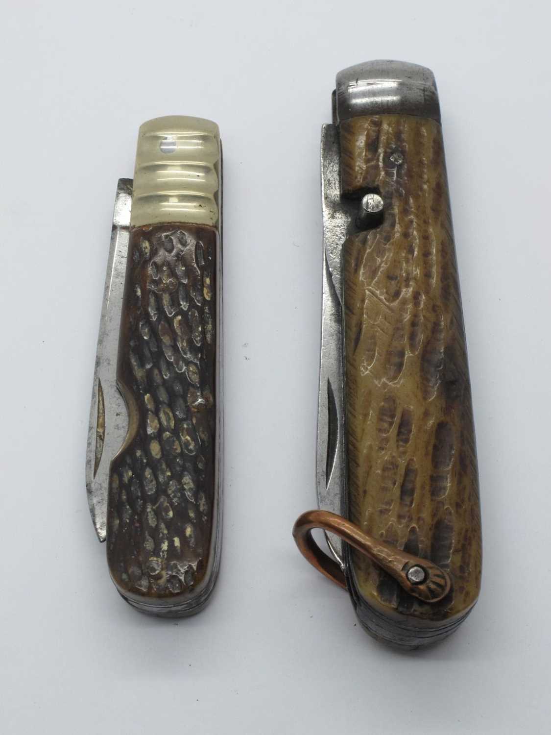 Pocket knife, Hale bros Sheffield?, single blade, tin opener, stag scales 10.5cm - H.M. Slater