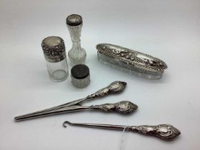 Dressing Table Items, including a hallmarked silver lidded glass trinket box, hallmarked silver