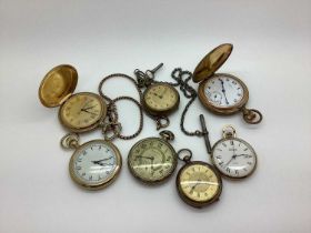 A Collection of Assorted Pocketwatches, including Neva, Timex, Trans-Pacific, chains etc.