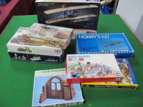 Eight plastic, balsa model kits by Tamiya, Monogram, Airfix, Dragon, Italeri and other, military