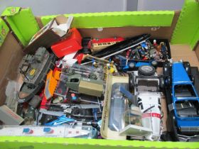 A collection of diecast, plastic model vehicles, ships, white metal figures by Burago, Matchbox,