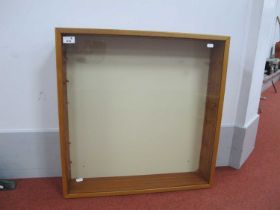 A wooden construction glazed display cabinet measuring 63cm by 63cm and 12cm deep. *No shelves