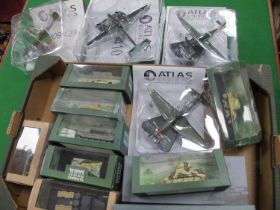 Fourteen Atlas Editions diecast and plastic model military armoured vehicles, aircraft, warships