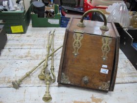 A wood and brass coal box together with three fireside companion pieces, tongs shovel and poker. (