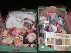 Dolls Heads and Parts, together with a box of souvenir dolls from different parts of the world:- Two