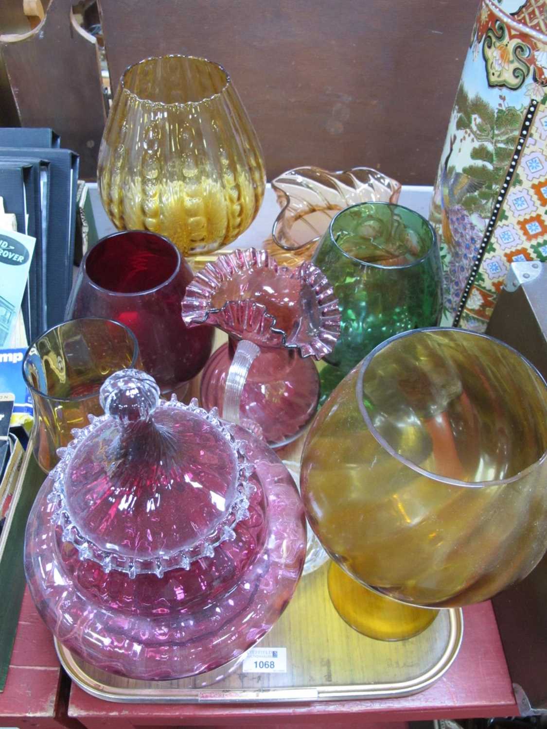 Cranberry Glass Jug, with frilled rim, 21cm high, other colored glassware:- One Tay.