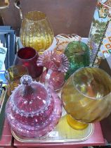 Cranberry Glass Jug, with frilled rim, 21cm high, other colored glassware:- One Tay.