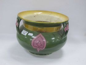 Art Nouveau Pottery Jardiniere, probably continental with pink motifs, and yellow band on green