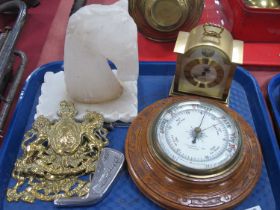 Swiza Mantle Clock, alabaster horse head, brass coats of arms, aneroid barometer, golf club head and