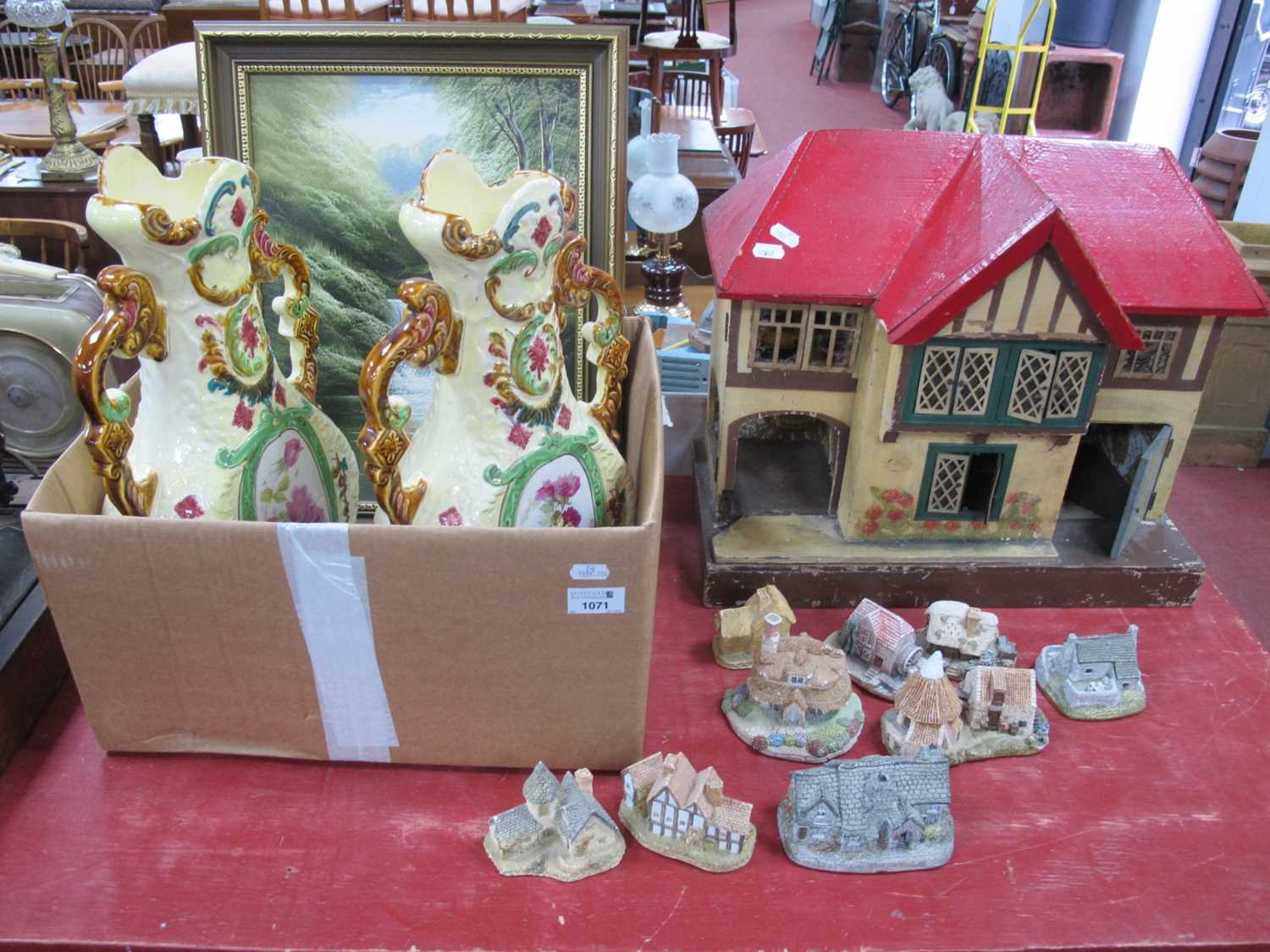 Pair of XIX Century Vases, with floral decoration on yellow ground. Lilliput Lane models.