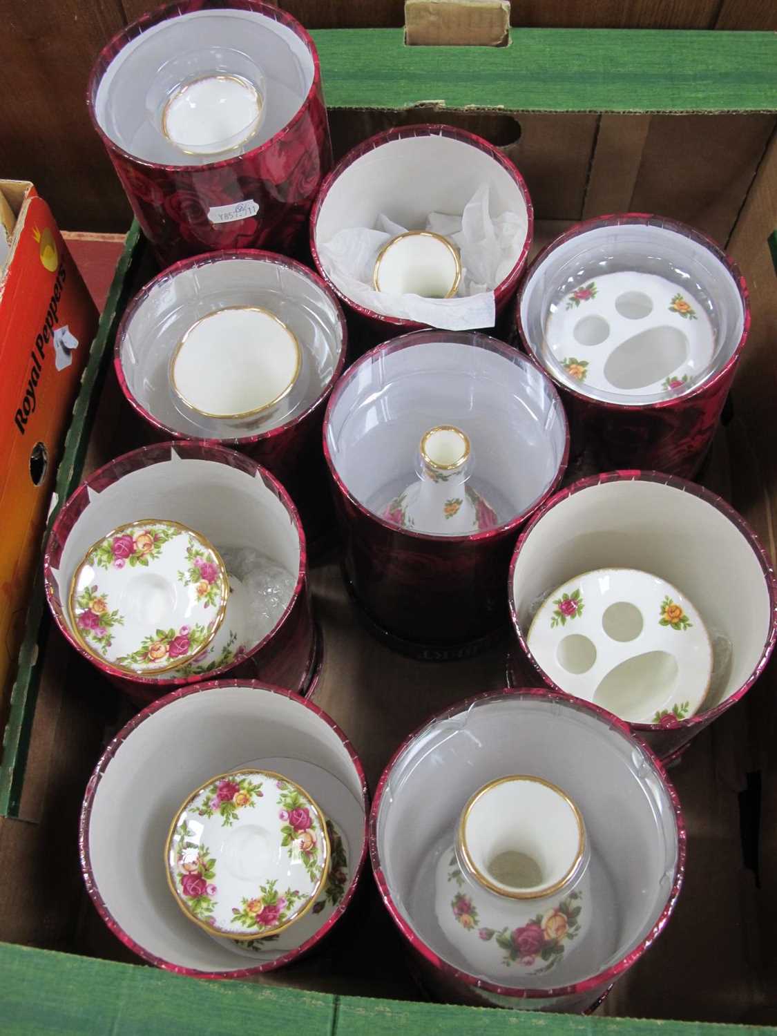 Royal Albert 'Old Country Roses' Vases, brush holders, and candle stand, in nine circular boxes