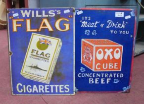 Two Repro Metal Signs, Will's Flag Cigarettes, together with an Oxo sign (2) 40 x 30cm.