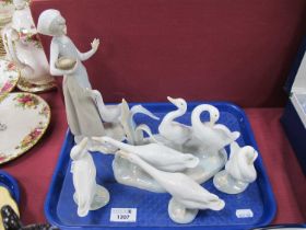 Lladro figurines to include group of three ducks, girl with duck three others. 1 tray (5)