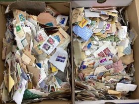 Two shoeboxes containing world stamps 'on paper', includes some earlier items from around 1940's