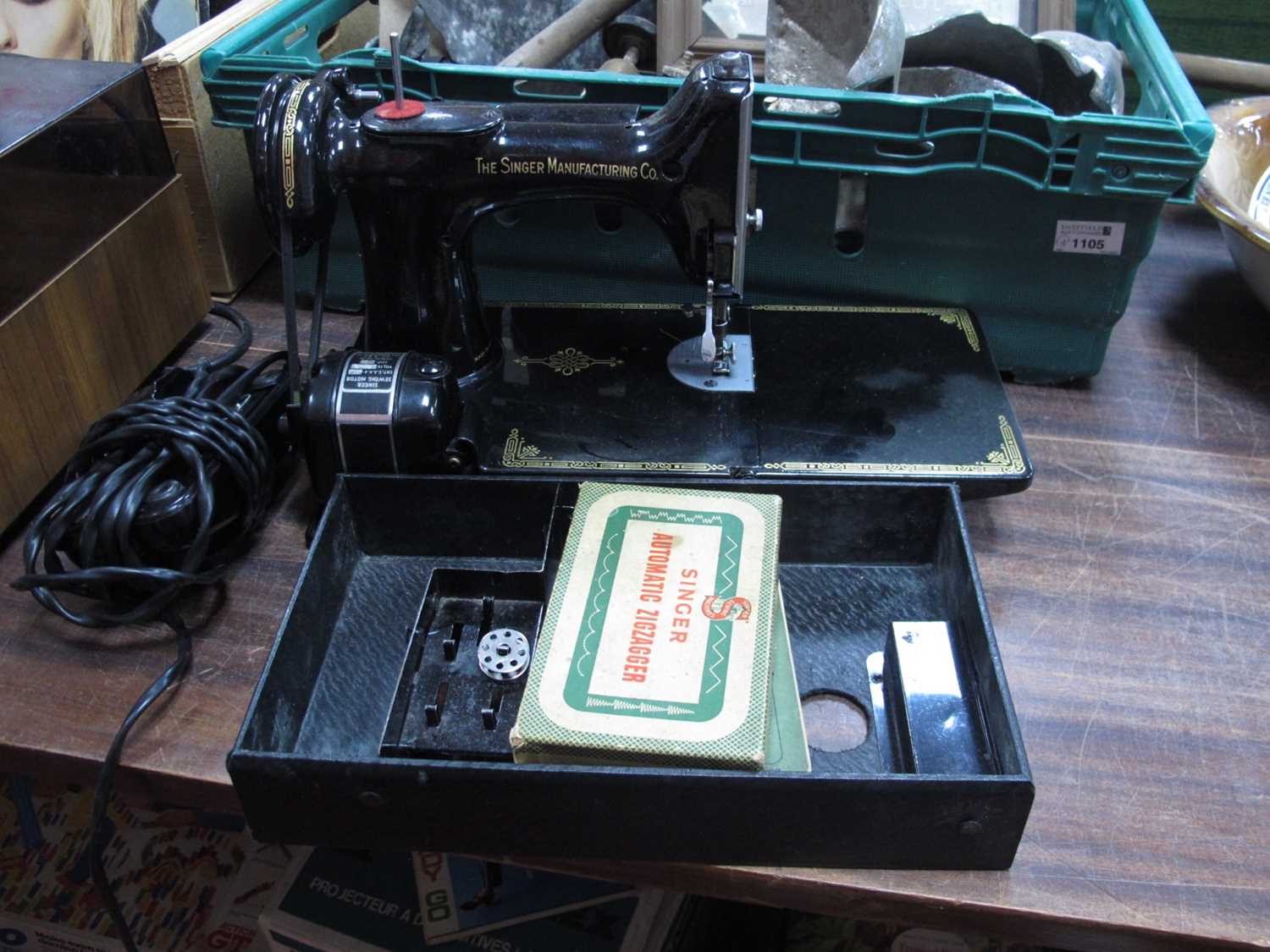 Singer Sewing Machines (x 2), Bush radio (3). sewing machine in box generally clean, good condition, - Image 2 of 2