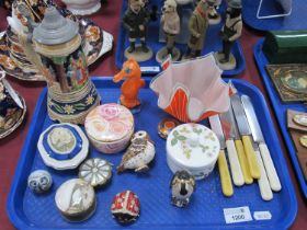 Aurgra Enamels, of an owl, penguin, ladybird, Wedgwood 'Wild Strawberry' trinket box, German musical