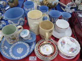 Wedgwood blue Jasperware vases, plates and jugs, commemorative cups and saucers etc. 1 Tray