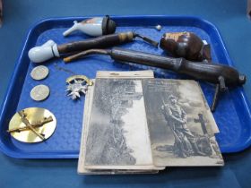 WWI Postcards German and French, two military badges, smoker's pipes, two two two-pound coins.