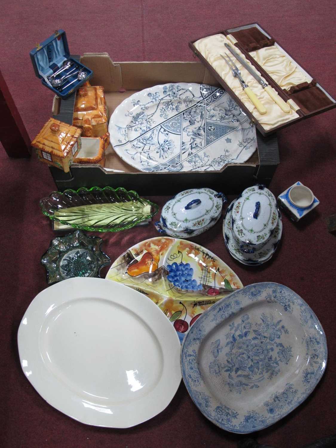 XIX Century Meat Plates, Cottage ware, tea ware, pair of XIX Century tureens etc:- One Box - Image 2 of 2