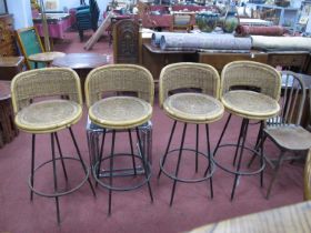 Four Metal-Based Bar Stools, with circular cane seats and low backs. (4). SOME SMALL LOSSES AND