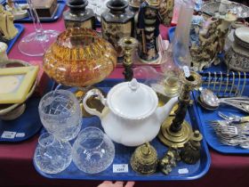 Oil Lamp, Royal Albert Chantilly teapot. Barley twist oak and brass candlesticks. Tutbury glass