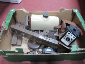 Chesterman's Tape, plane, spirit level, flat iron, camera, stoneware bed warmer, etc:- One Box