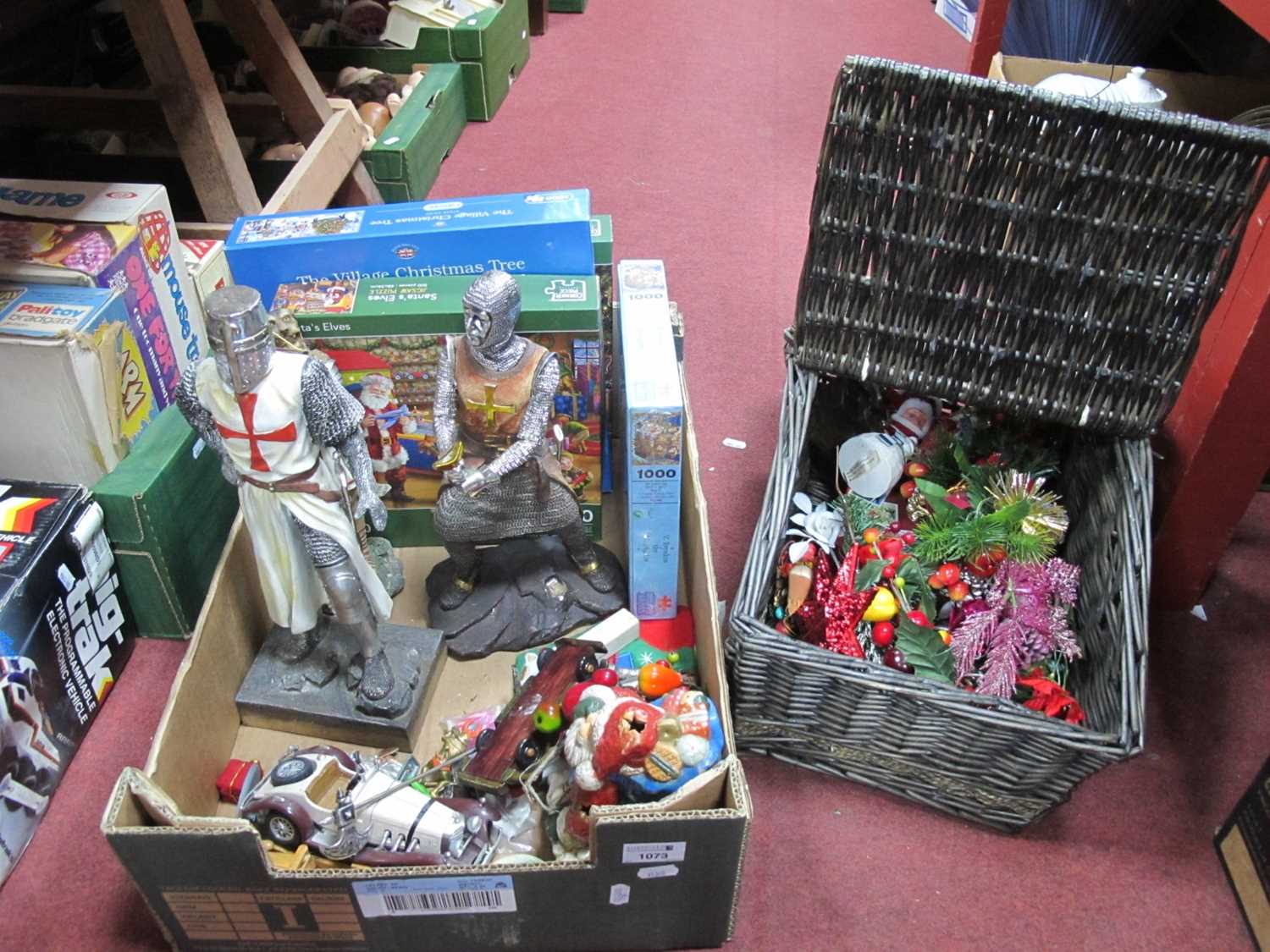 Christmas Decorations, jigsaws, baskets, Knight models, etc.